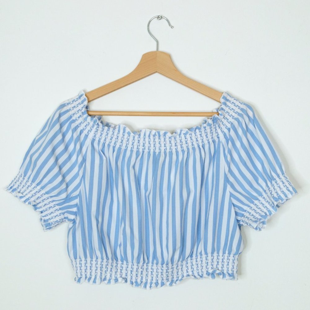 J. Crew Striped Off the Shoulder Cotton Crop Top Blue Medium